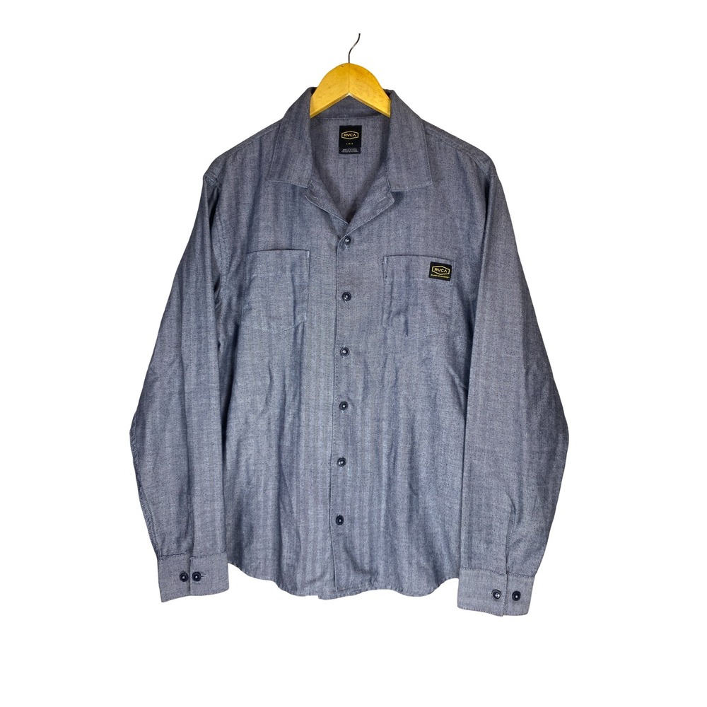 RVCA Mens Herringbone Button Down Shirt Blue Grey Large L Long Sleeve Skate Surf